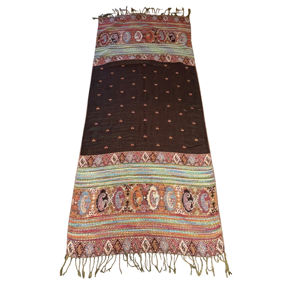 Vintage Cashmere Silk Scarf shawl‎ bohemian indie paisley wrap festival brown
